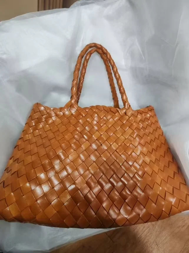 Luxury Tanned Cowhide Genuine Braided Leather Woven Shoulder Bags Large Capacity Soft Hand-woven Women's Bags with Cotton Pouch