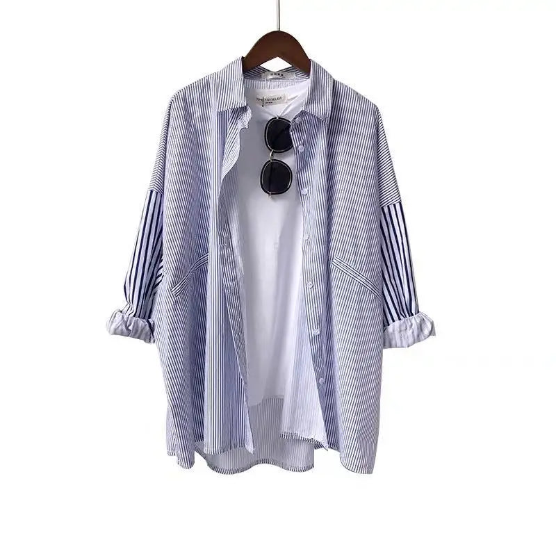 2025 Women Ladies Patchwork Striped Shirts Spring /Autumn Midi Length Loose Women's Casual Shirt and Blouse