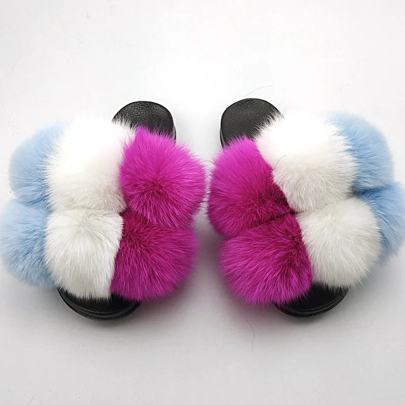 Woman Elegantes Adjustable Slides Fluffy Platform Sandal Rainbow Faux Fur Slippers