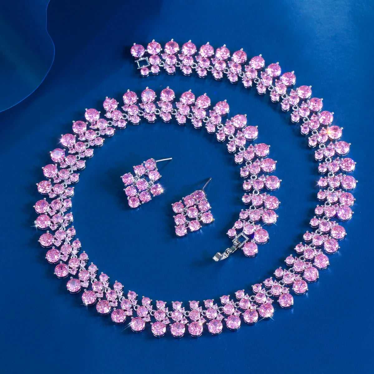 Super Luxurious Round Cubic Zirconia Necklace and Earrings Engagement Wedding Romantic Pink Chunky Big Jewelry Set for Women