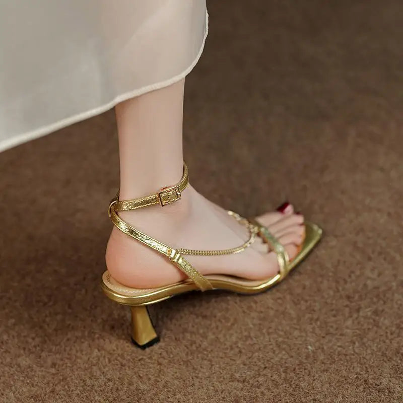 2025 High Heels Shoes for Women Gold Elegant Sandales Femme Fashion Streetwear New High Quality High Heel Sandals