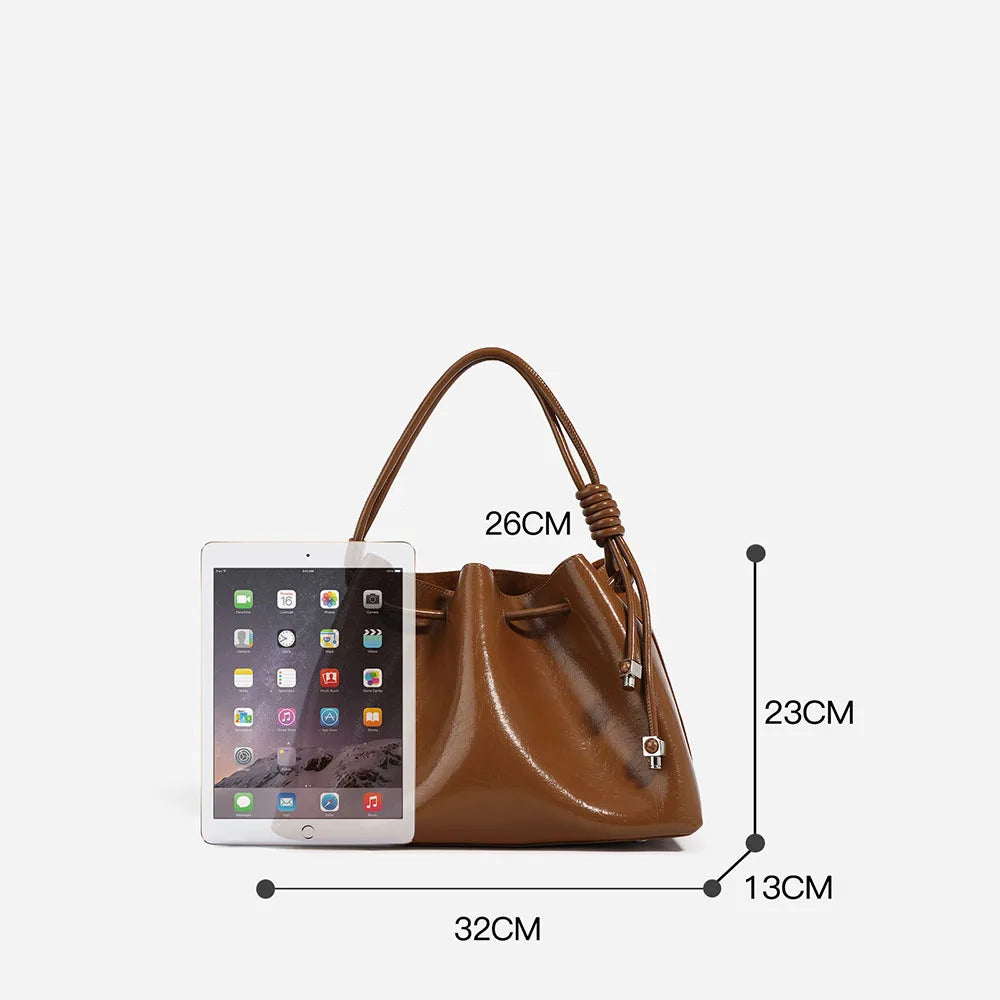 Ladies Luxury Genuine Cowhide Leather Drawstring Bucket Handbag Vintage Women's Quality Bag for All Seasons
