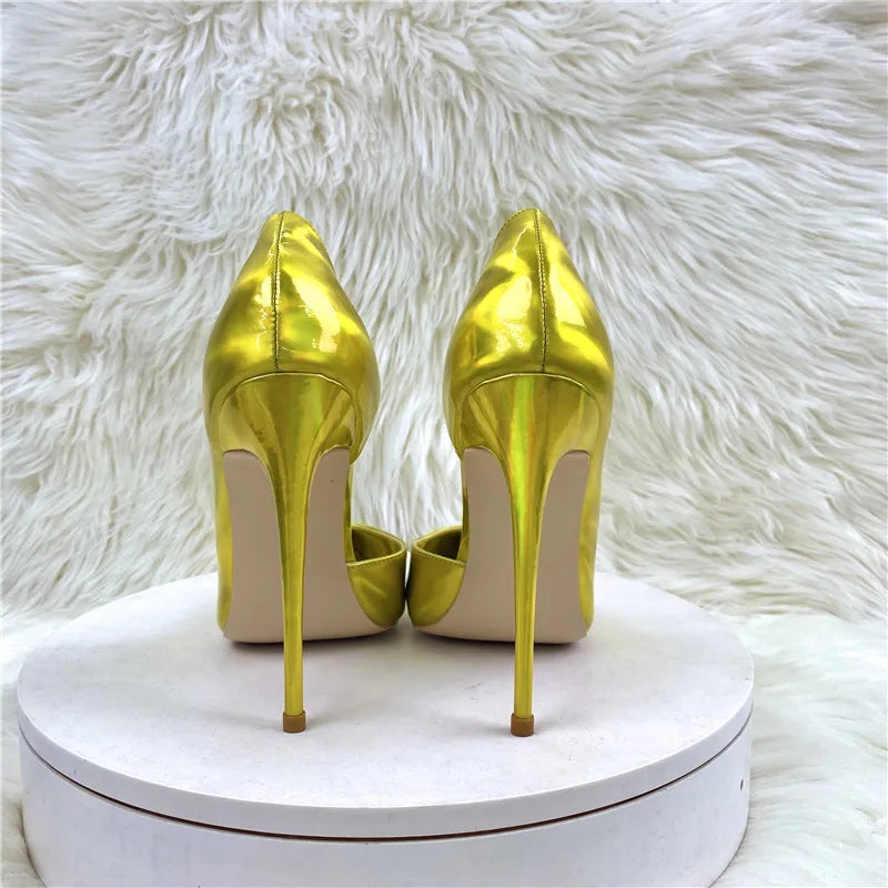 2025 New Laser Gold High Heels 12CM Pointed Fine Heels Red 8CM Women's Shoes
