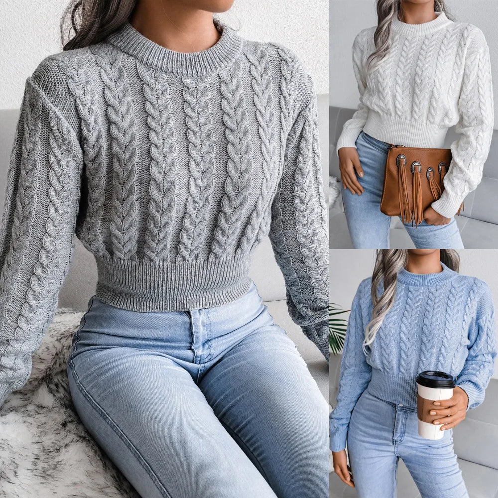 shiny Short Pullover Jumper Women Autumn and Winter New Round Neck Solid Color Knitted Sweater