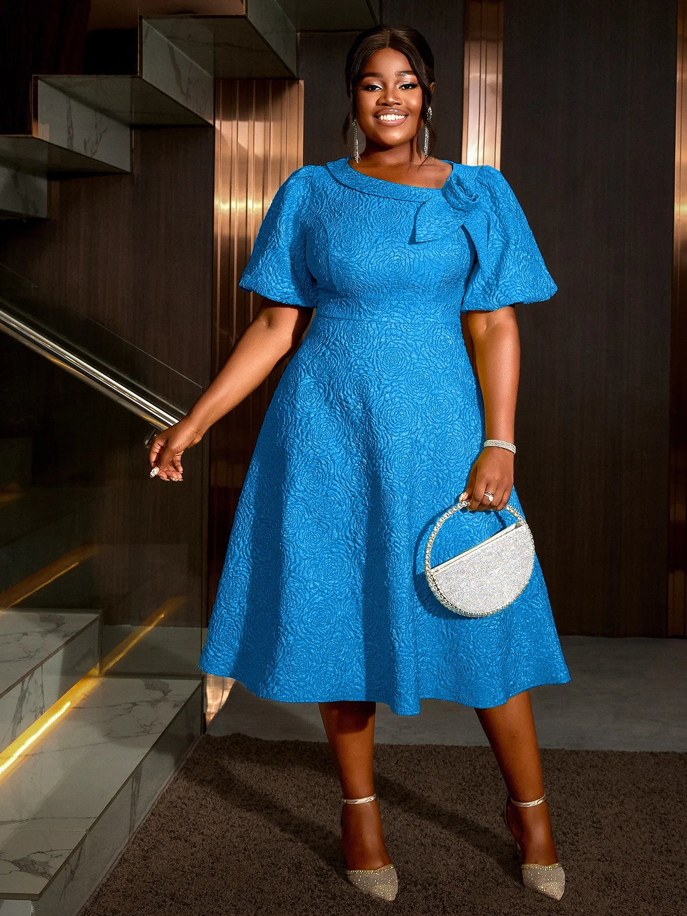 Plus Size African Jacquard Party Dress for Women - Elegant A-Line Evening Gown for Curvy Fashion