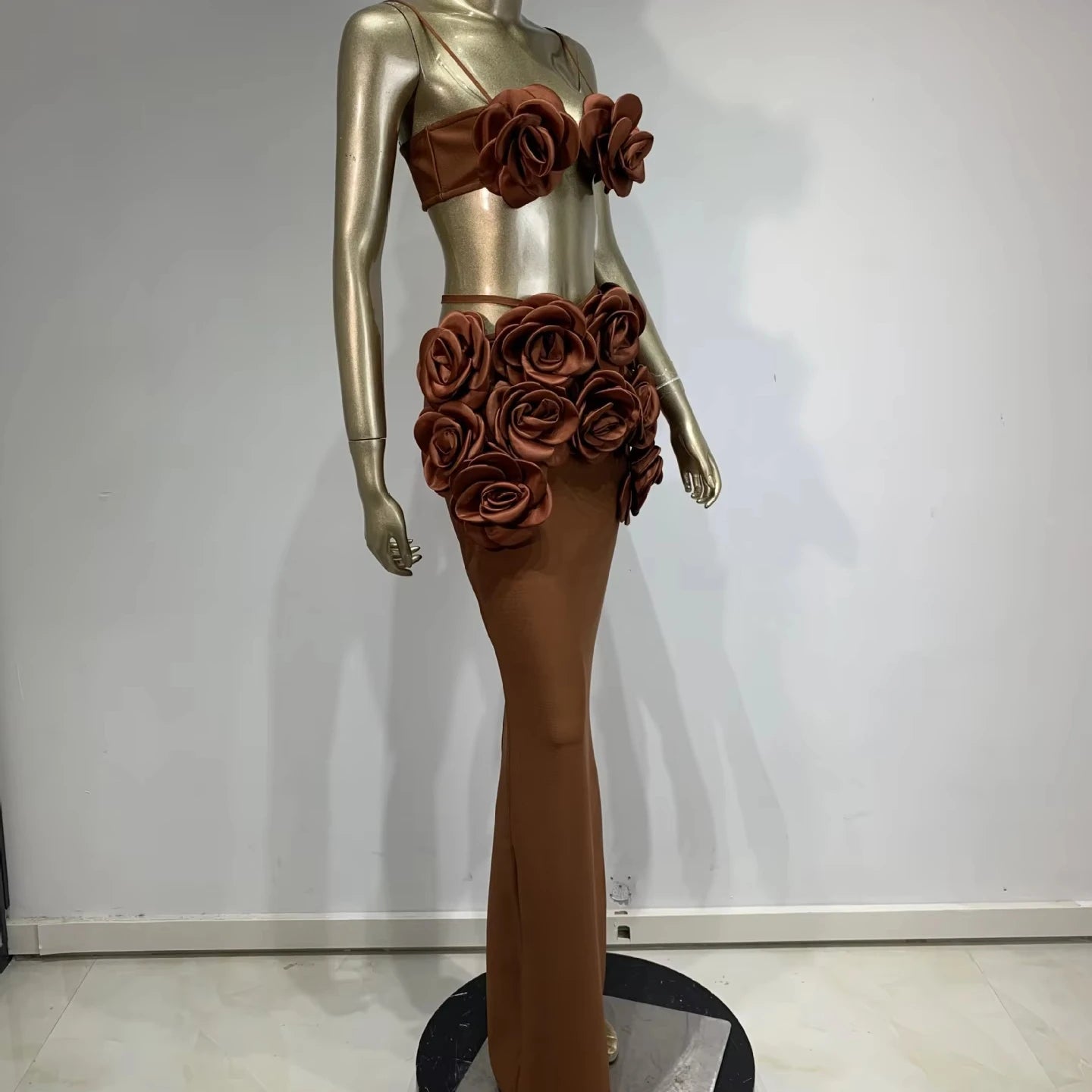 Trending 2025 Latest Arrival Sexy Dark Brown Bandage Dresses 3D Flower Top Floral Maxi Dress Gown Two Piece Set