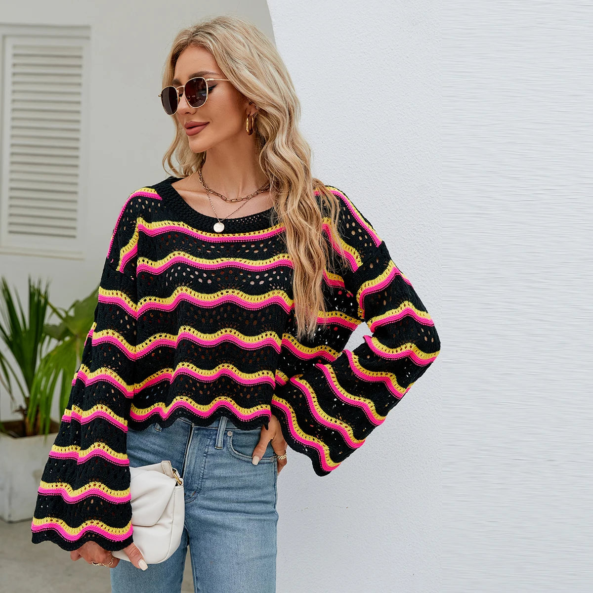 2025 Sweaters for Women O Neck Striped Long Sleeve Pullover Sweater Loose Oversized Fashion Knitted Sweater