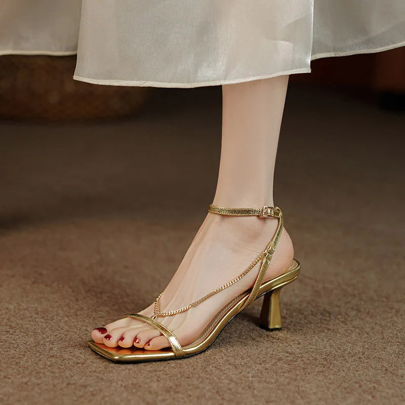 2025 High Heels Shoes for Women Gold Elegant Sandales Femme Fashion Streetwear New High Quality High Heel Sandals