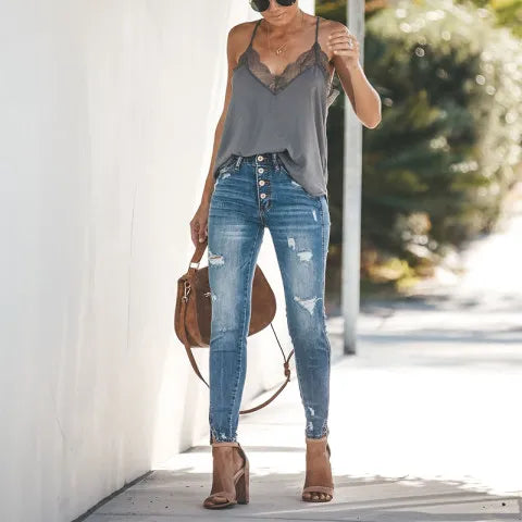 2025 Women Jeans Washed High Waist Ripped Jeans Women Elastic Slit Jeans for Women