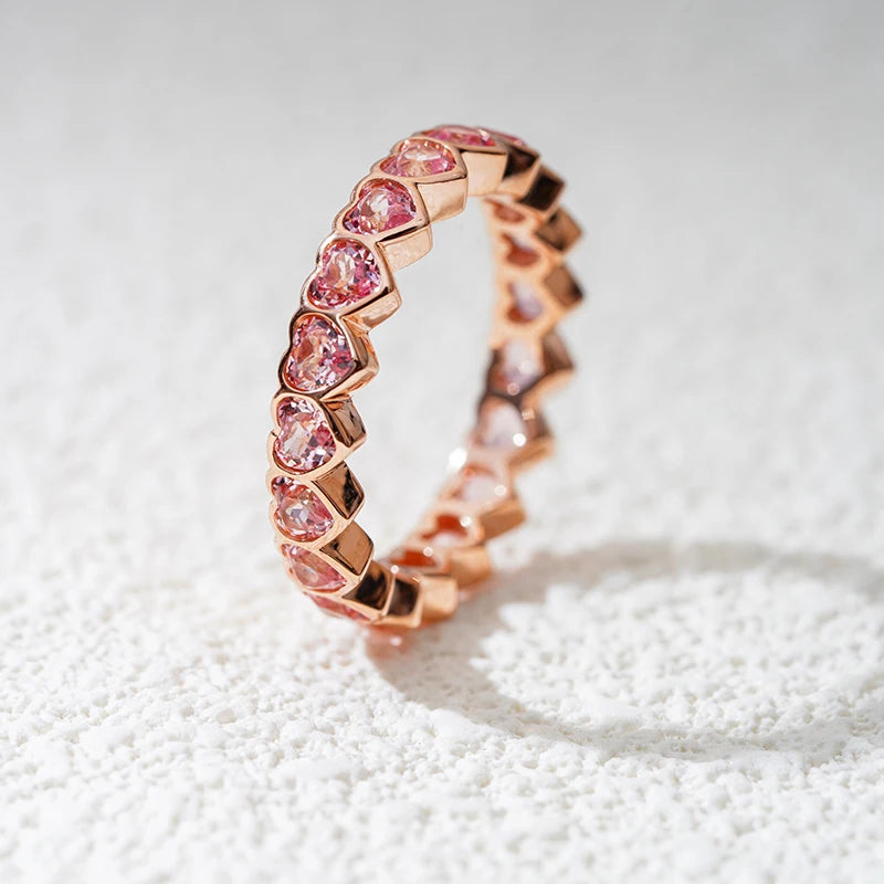 MomentWill 10k 14k Rose Gold Heart-Shape Eternity Diamond Rings Women Solid Vintage Gemstone Jewelry with Bezel Setting