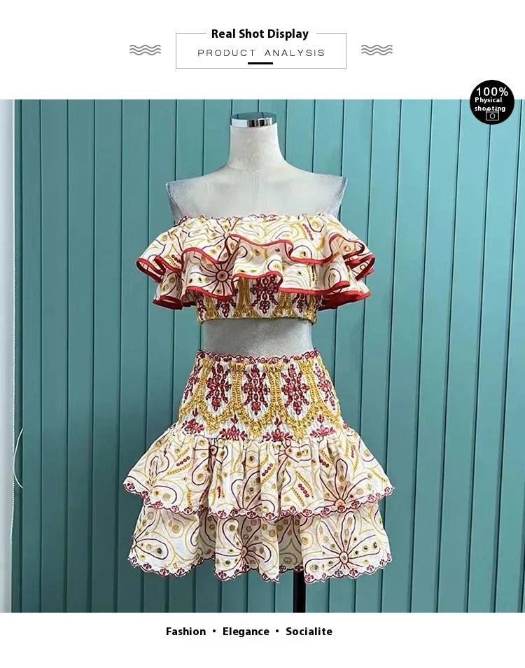 2025 Spring Summer New Lace Two Pieces Sets Off-Shoulder Crop Top + Flounce Hem Skirt Co-ord Set