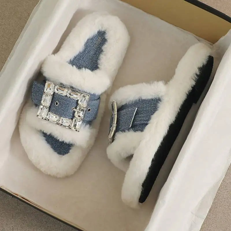 2025 Autumn/Winter Indoor Open Toe Flat Bottom Fashionable Warm Plush Slippers Female