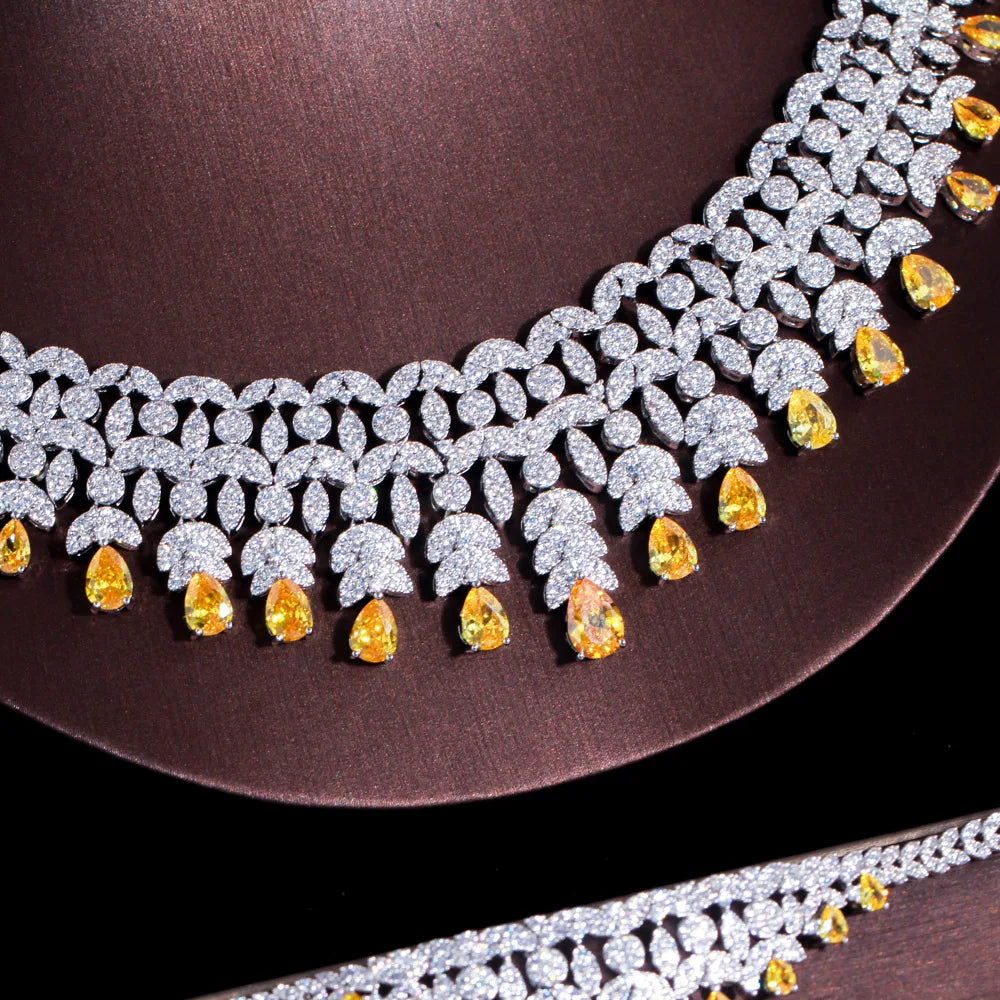 Yellow Zircon Luxury Indian Nigeria CZ Crystal Wedding Bridal Jewelry Set Big Tassel Necklace for Women Engagement Jewellery