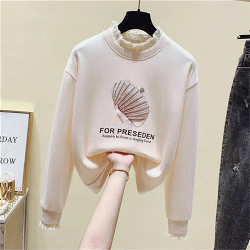 2025 Women Hoodies Fashionable Long Sleeve Loose Hoodies Woman Print O Neck Thick Pull Over Hoodies for Women
