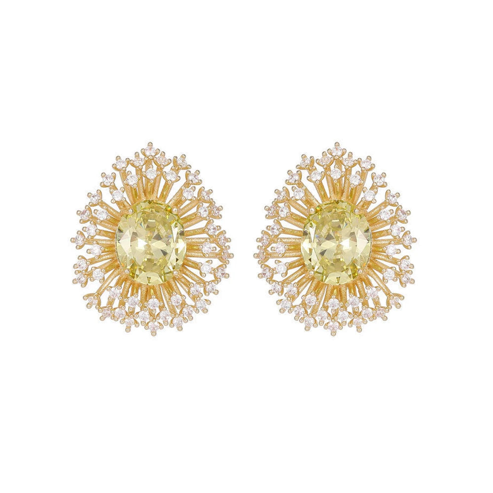 New Trendy Shiny Unique Olive Green Zircon Yellow Gold Plated Big Fireworks Shaped Stud Earrings for Women Daily Party Jewelry
