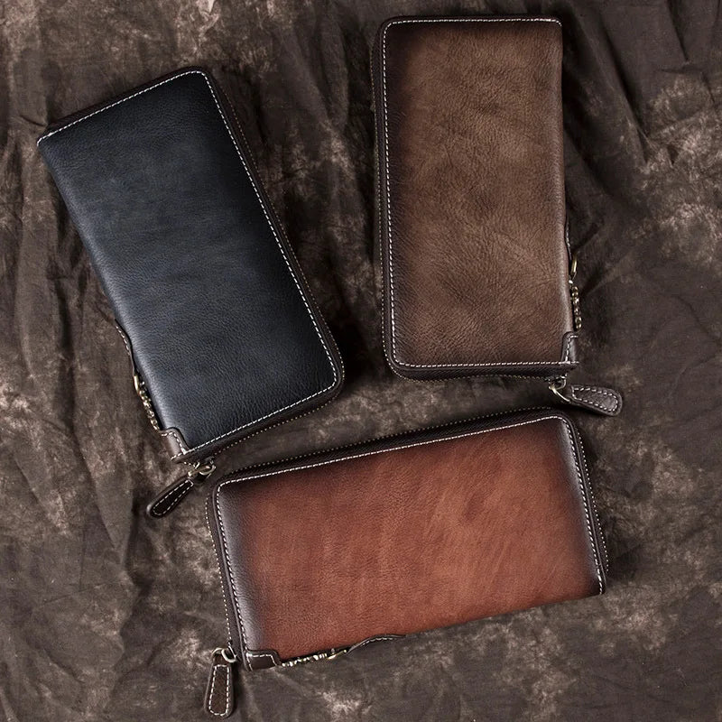 Customizable Men's Clutch Purse New Genuine Cow Leather Zipper RFID Hand Painted Long Cell Phone Bag