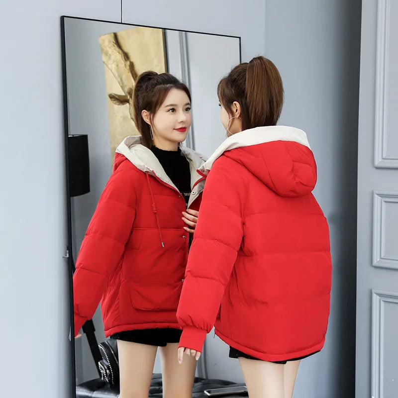 2025 Winter New Women's Classic Padded Jacket Casual Slim Short Coat with Hood Long Sleeve Solid Color Zipper Loose Casual Style