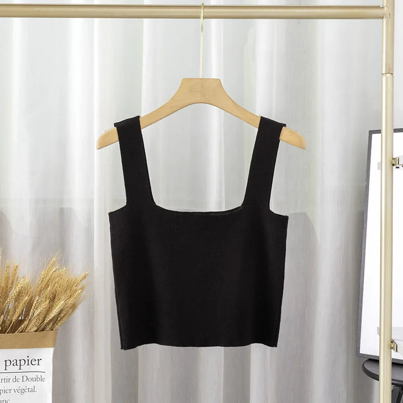 None Sweet Women S Nylon M Summer Womens Fashion Solid Color Square Neck Doublelayer Sling Slimfit Vest Top