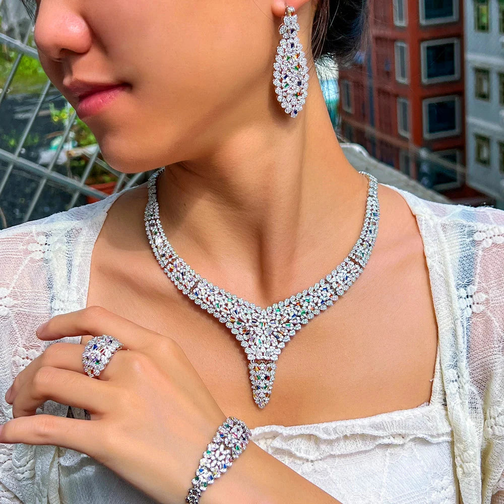 Luxurious Styles Silver Plated Mixcolor Cubic Zircon Party Bridal Big Jewelry Set for Women Wedding Dress Accessories