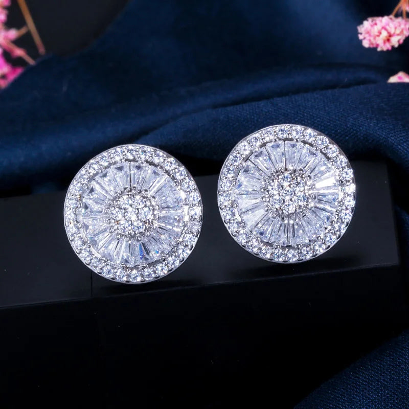 Noble Romantic Dark Blue Crystal Jewelry Luxury Round Cubic Zircon Wedding Big Stud Earrings for Women Party Gift