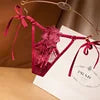 Embroidered Erotic G-string Side Tie Panties Women Lace Sexy Tie Hollow Thong Low Waist Tanties Solid Color Thongs
