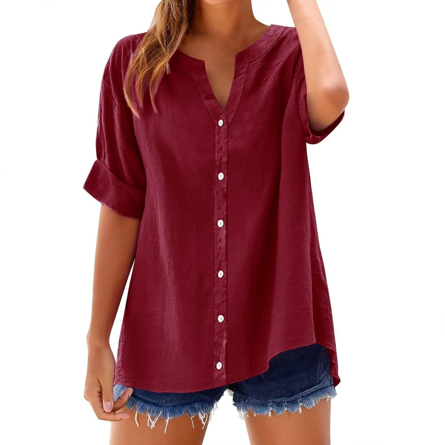2025 Spring Fall Summer New Shirt Casual Loose Button V-neck Large Short Sleeve Top Women's Shirt