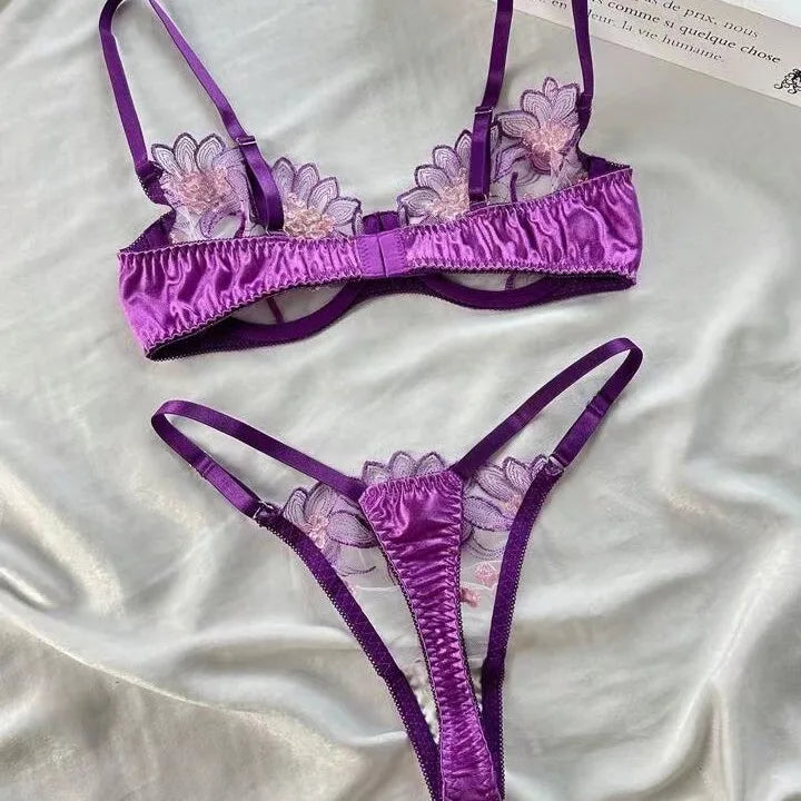 Sexy Lace Embroidery Underwear Two Piece Set Women's Big Breasts Small Thin Push-Up Bra Set Ladies Purple See Through Lingerie