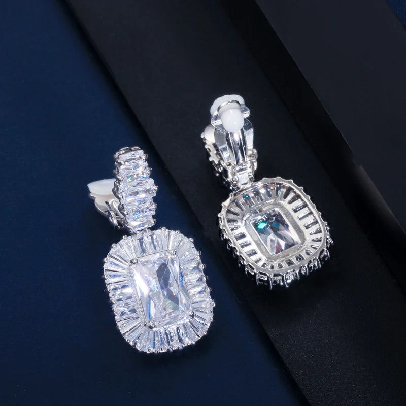 Non Pierced Ear Gorgeous Top Cubic Zirconia Crystal Women Wedding Evening Party Clip on Long Earrings Without Piercing