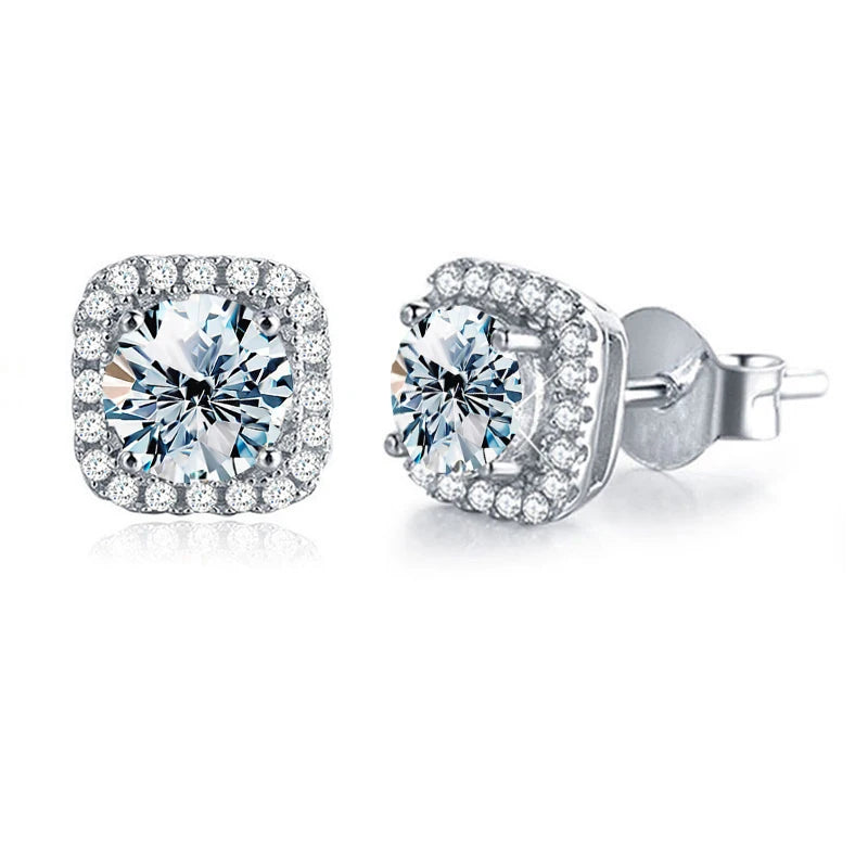 New Luxury 925 Sterling Silver Full Drill Square Stud Earrings 1ct Moissanite Fine Jewelry Weddings Bridal Trendy Style Gifts