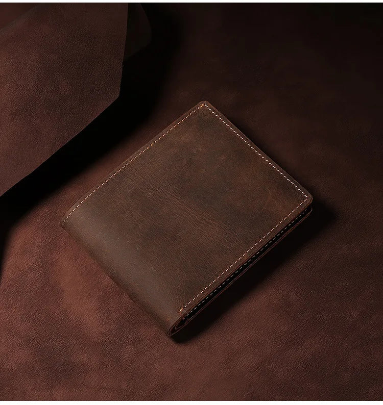 Vintage Style Men's Genuine Leather Wallet Quality Coin Pocket Snap Leather Zip Wallet Short Length for Credit Cards