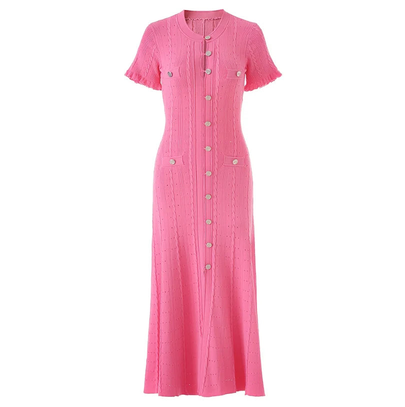 High Quality Knitting Party Summer Short Sleeve Dress Women Elegant Fashion Midi Knitted Dress