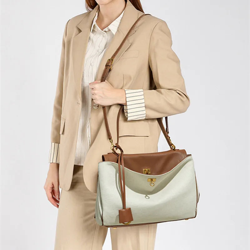 Large Capacity Luxury Women's Genuine Leather Canvas Tote Bag 2025 Handbag with Excellent Comfort and Style
