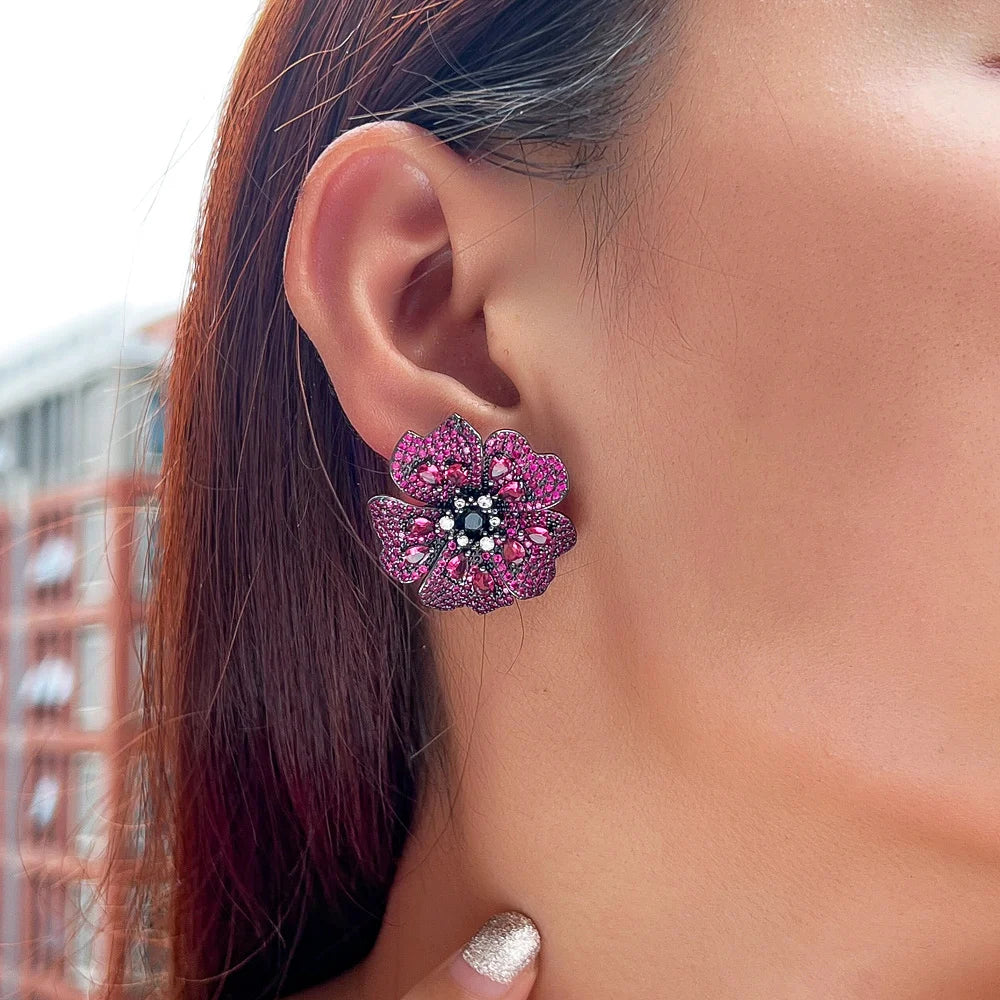 Luxury Rose Red Cubic Zirconia Big Flower Stud Earrings for Women Fashion Elegant Daily Party Costume Jewelry