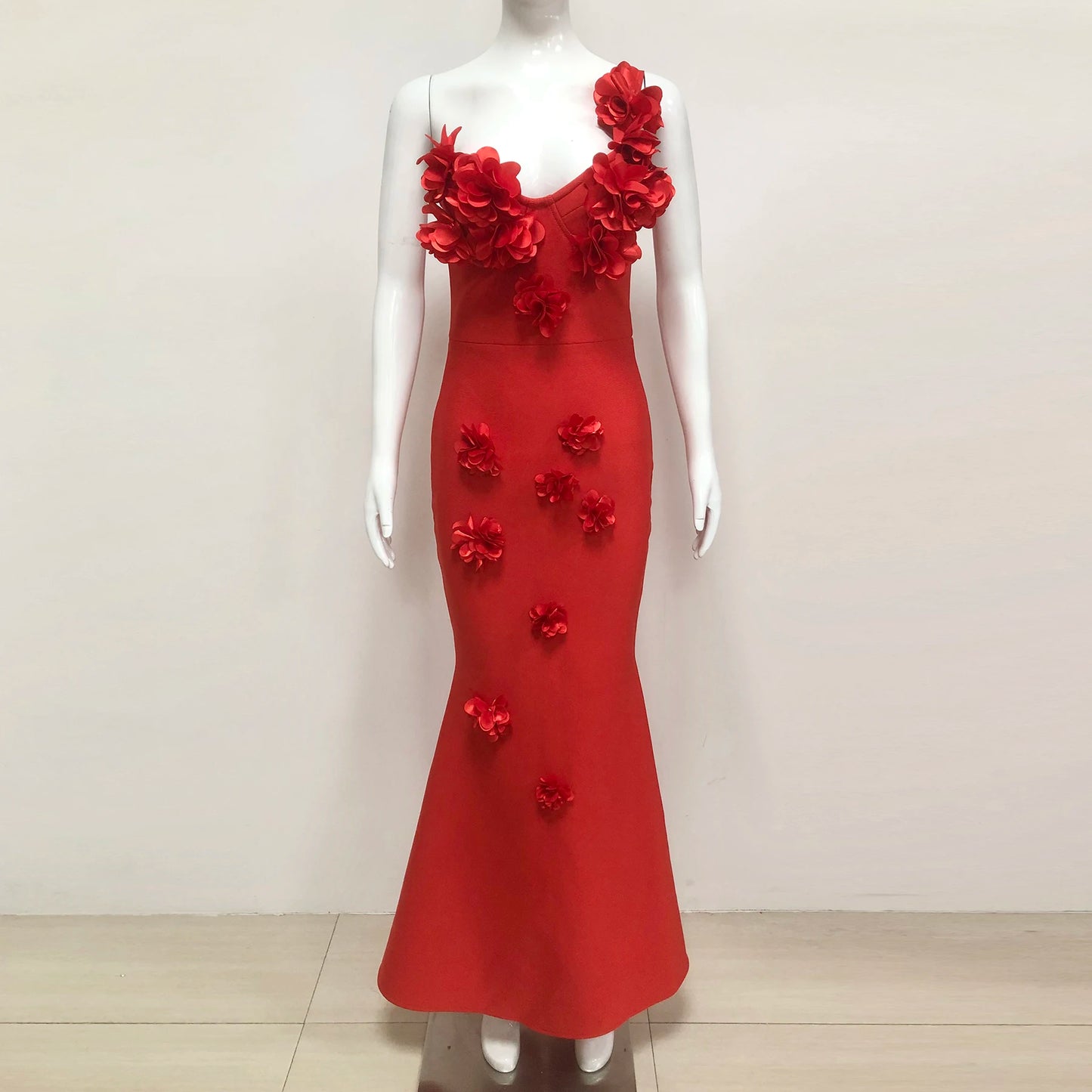 Custom Luxury Prom Dress 3D Flower One Shoulder Bandage Evening Gowns Elegant Red Long Gown Formal Party Wear Dresses for Women