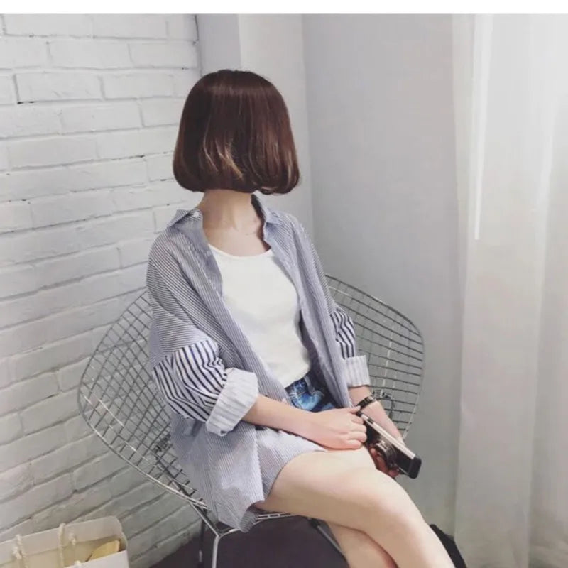 2025 Women Ladies Patchwork Striped Shirts Spring /Autumn Midi Length Loose Women's Casual Shirt and Blouse