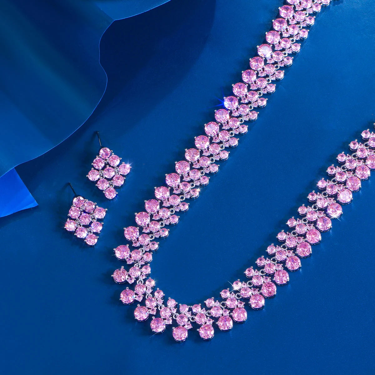 Super Luxurious Round Cubic Zirconia Necklace and Earrings Engagement Wedding Romantic Pink Chunky Big Jewelry Set for Women