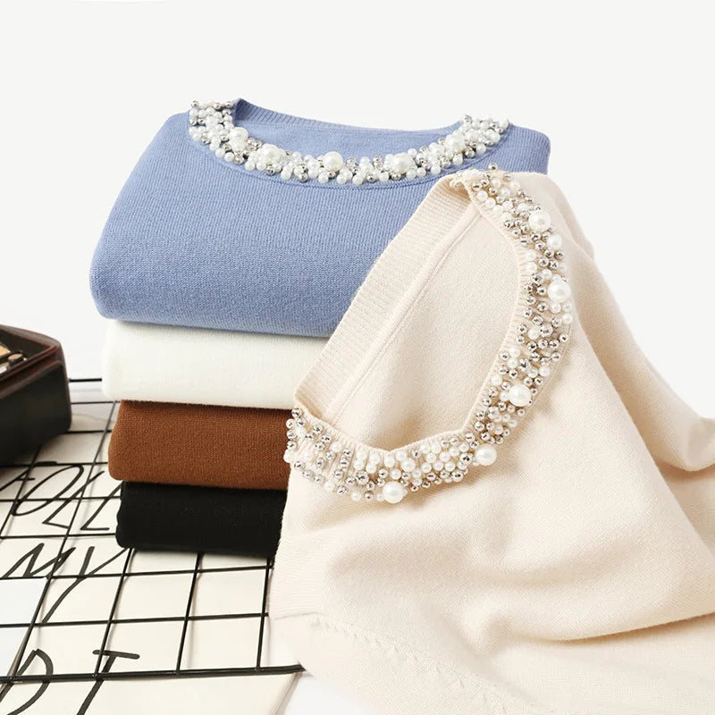 New Autumn Winter Beaded Pullover Sweater Women's Round Neck Long-sleeved Sweater Loose Thin Sweater