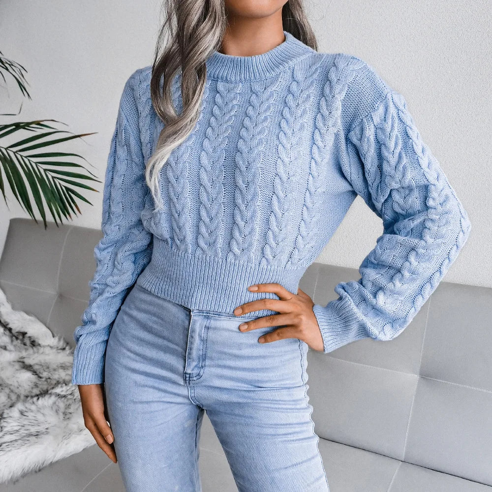 shiny Short Pullover Jumper Women Autumn and Winter New Round Neck Solid Color Knitted Sweater
