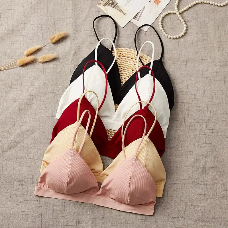 Women Tank Top Triangle Cup Cropped Top Female Seamless Underwear Sexy Lingerie V-Neck Padded Camisole Non-wire Bra Tops