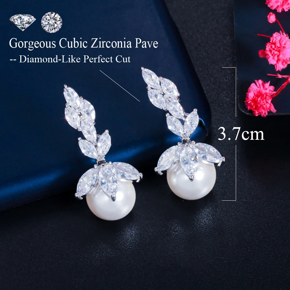 Top Quality Bling Marquise Cut Cubic Zirconia Stone Big Wedding Party White Pearl Drop Earrings Jewelry for Women