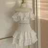 2025 Spring Summer New Lace Two Pieces Sets Off-Shoulder Crop Top + Flounce Hem Skirt Co-ord Set