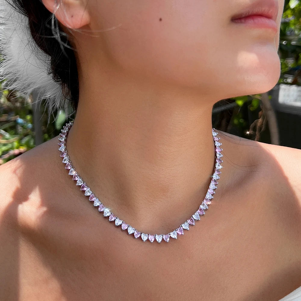 Dainty 3 Claws Cubic Zirconia Setting White and Pink Heart Tennis Necklace for Women Wedding Bridal Party Daily Wear Jewelry