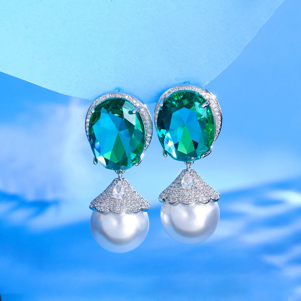 Glamorous Cubic Zircon Green Crystal Imitation Pearl Banquet Party Dangle Drop Earrings for Women Appointment Jewelry