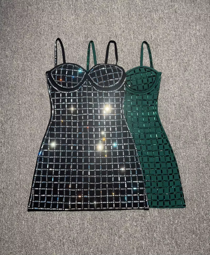 Luxury Rhinestone Grid Strapless Bodycon Mini Bandage Dress Party Club Evening Gala Dinner Black Birthday Dresses