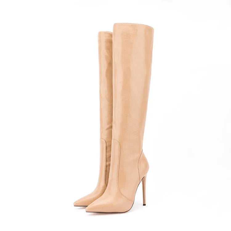 Fashion Style Crazy Horse Pattern Pointy Toe Long Boots Side Zipper Stiletto High Heel Knee High Boots for Women