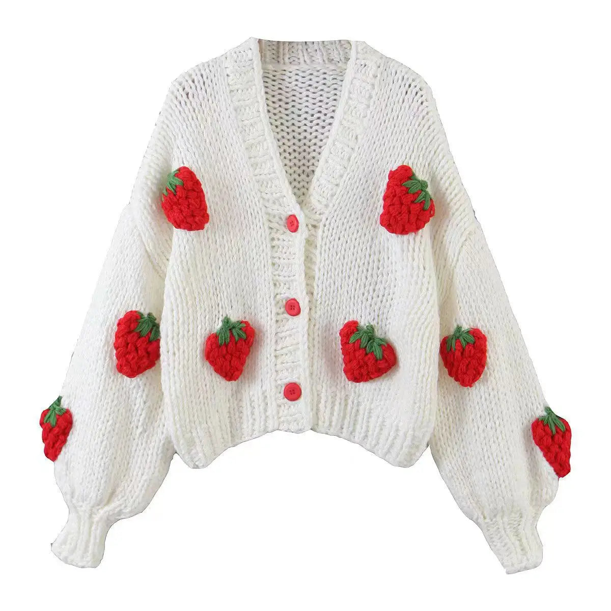Strawberry Embroidery Cropped Sweater for Women Knit Cardigan Female Winter Autumn Long Sleeve Loose Flower Sweater