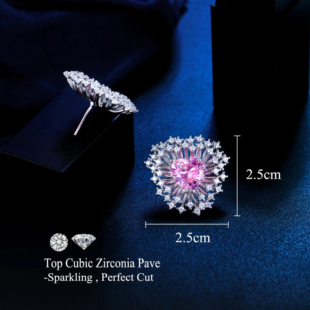 Trendy Fashion Pink Heart Cut Cubic Zirconia Firework Shape Stud Earrings for Women Dating Engagement Party Jewelry