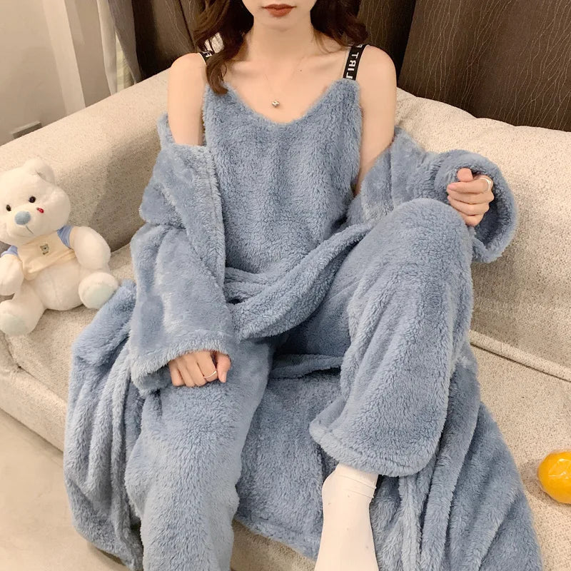 Good Quality Solid Color Warm Pajama Women's Flannel Sleepwear Women Winter Sleepwear Pajama 4 Pieces Suit