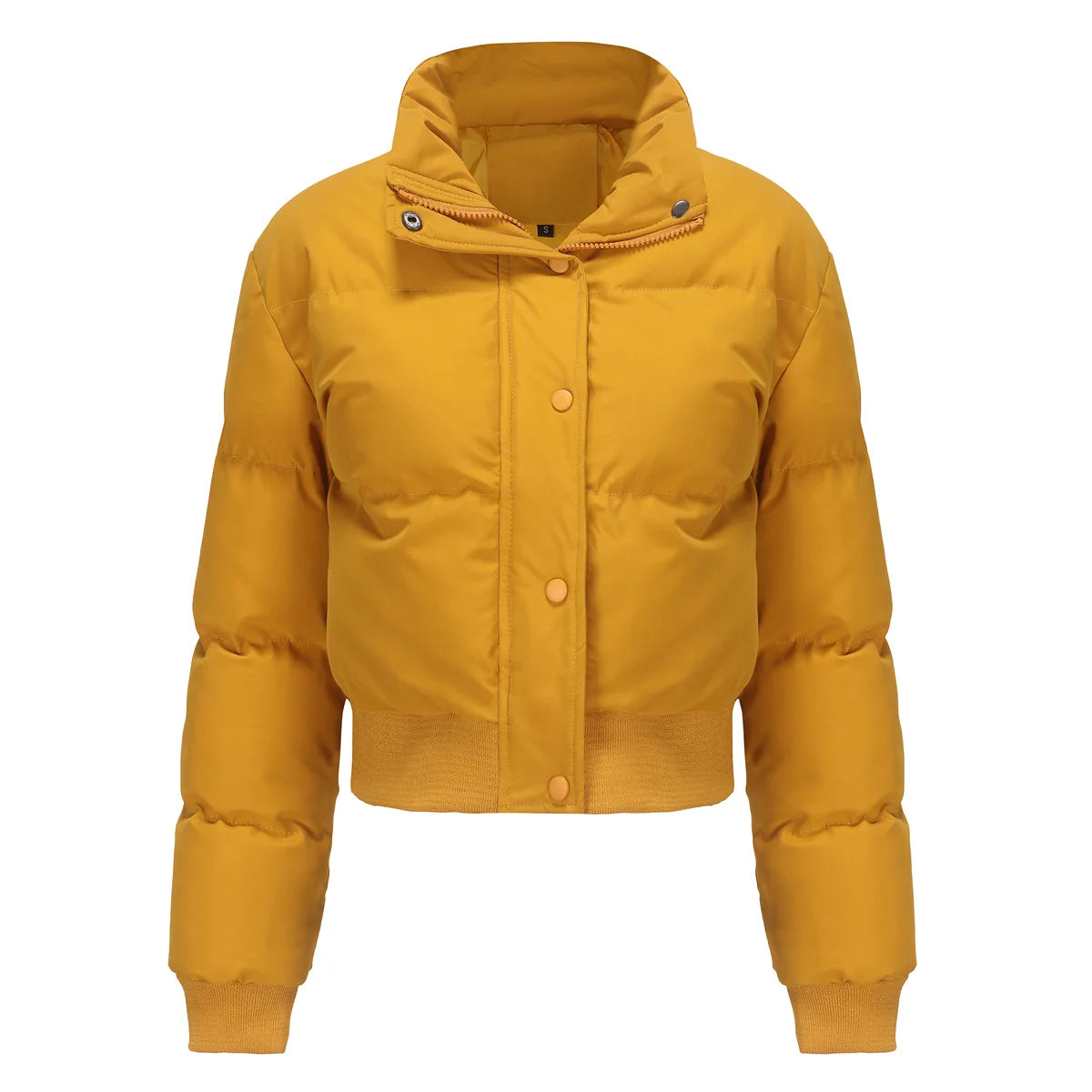2025 Winter Women Padded Short Coat Solid Color Quilted Jacket Long Sleeve Stand Collar Zipper Button Warm Casual Bread Coat