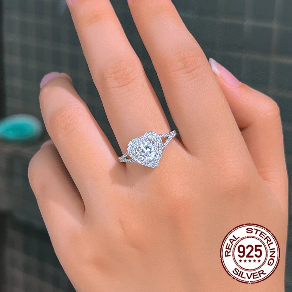 Delicate White Gold Plated 925 Sterling Silver Big Cubic Zircon Heart Shape Engagement Ring for Women Jewelry Accessories